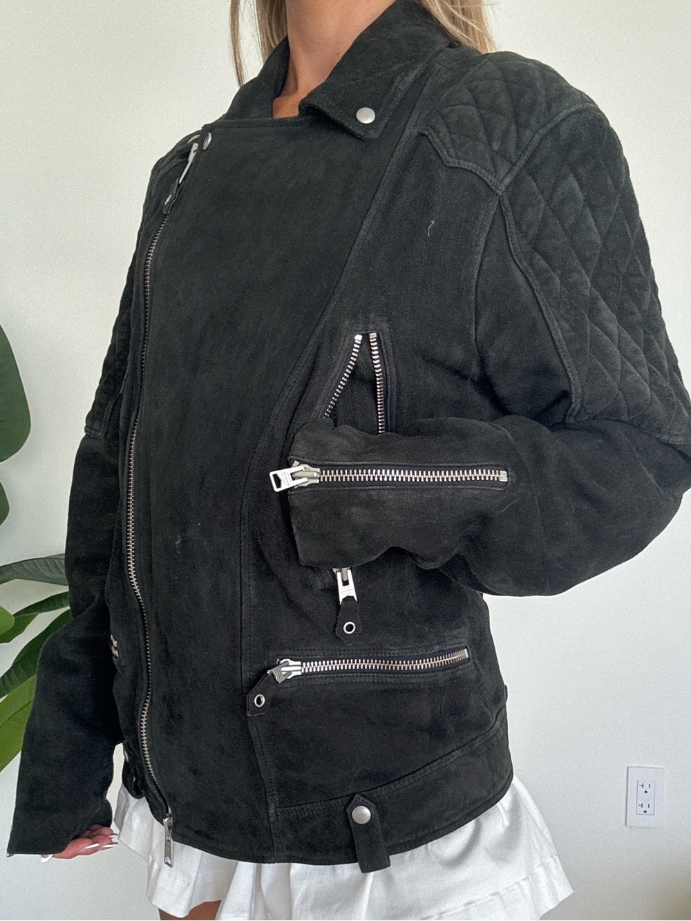 All Saints Men’s Black Quilted Suede Moto Jacket
